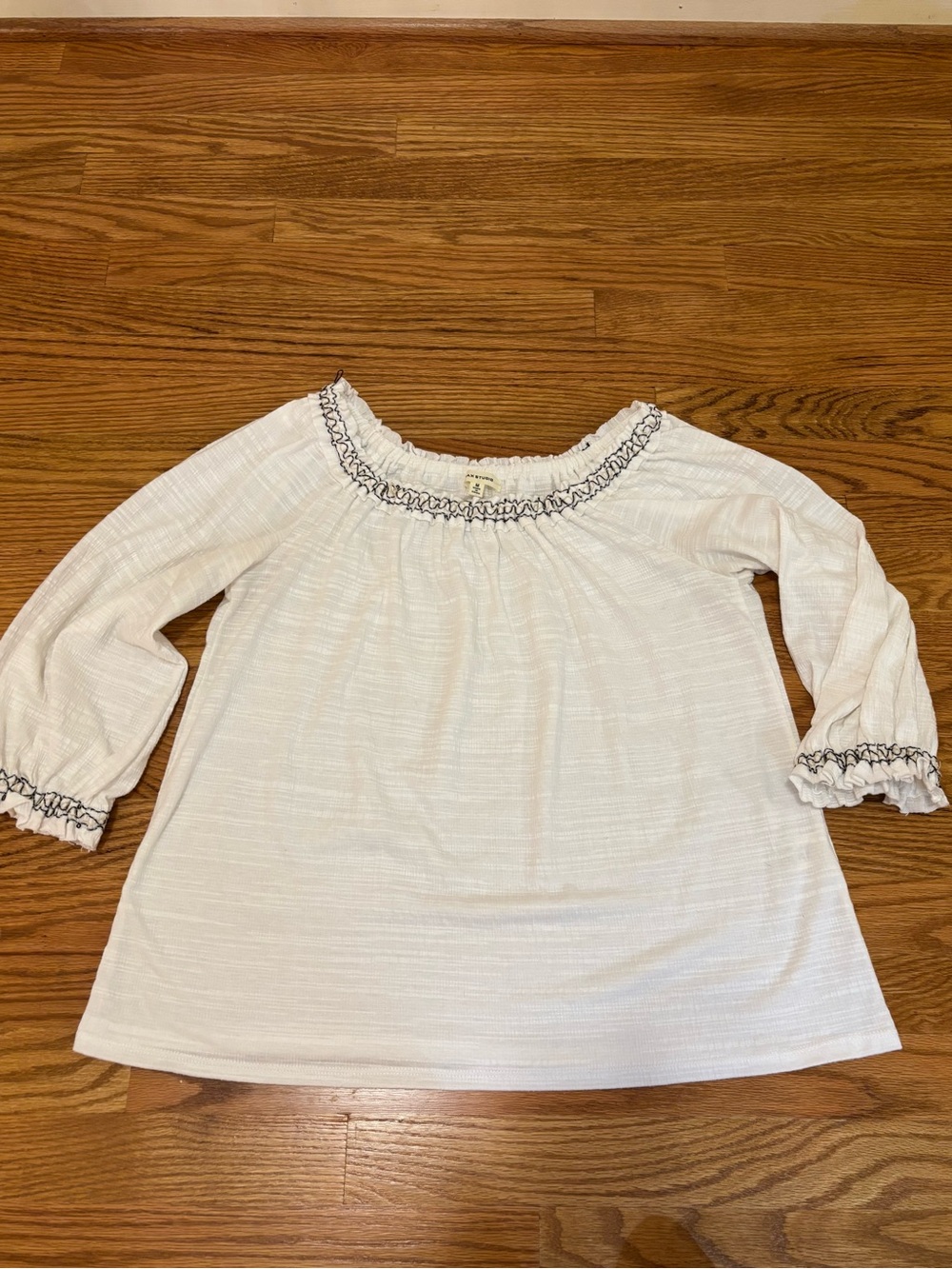 Max Studio White Smocked-Neck Peasant Tunic with Black Trim